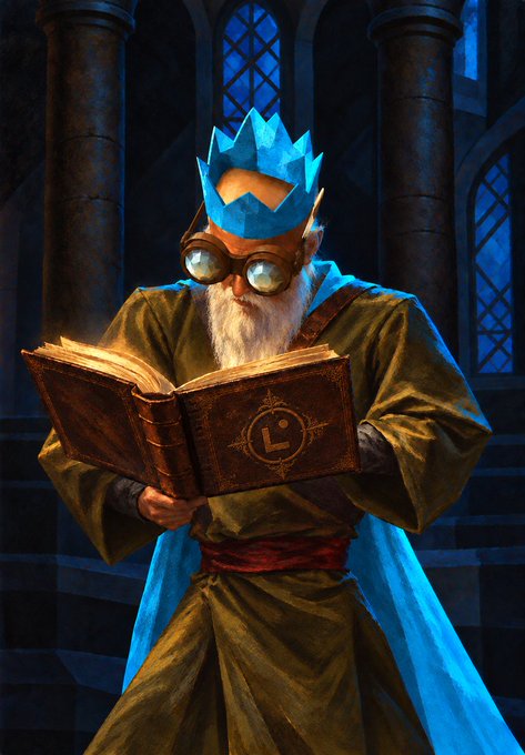 A fantasy digital painting of an elderly wizard with a long white beard, wearing a blue paper crown and goggles, intently reading a large spellbook with a star emblem in a dimly lit stone chamber.
