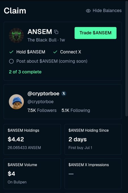 The user wants a concise caption describing the image.
I need to identify key elements:
- The main title is "Claim".
- There's a profile for "ANSEM" (The Black Bull).
- There are tasks: "Hold $ANSEM" (checked), "Connect X" (checked), "Post about $ANSEM" (not checked).
- Progress: "2 of 3 complete".
- There is a post by "@cryptorboe" with a dog avatar.
- Stats for ANSem Holdings: $4.42, 26.065433 ANSEM.
- Stats for ANSem Holding Since: 2 days.
- Stats for ANSem Volume: $4.
- Stats for ANSem X Impressions: —.

The accompanying text is "Here we gooooo $ANSEM". This suggests someone is participating in a "claim" or "airdrop" campaign related to the token ANSSEM.

Synthesis:
The