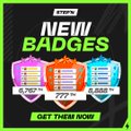 A mobile game screen displaying 'NEW BADGES' with colorful achievement cards and a 'GET THEM NOW!' banner.