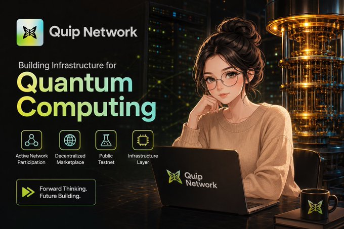 A promotional graphic for Quip Network featuring an illustrated woman with glasses working on a laptop beside a glowing quantum computing device, with text reading "Building Infrastructure for Quantum Computing" and highlighting features like Active Network Participation, Decentralized Marketplace, Public Testnet, and Infrastructure Layer. The image directly supports the post's emphasis on Quip Network's distinct focus on quantum computing infrastructure rather than typical blockchain upgrades.