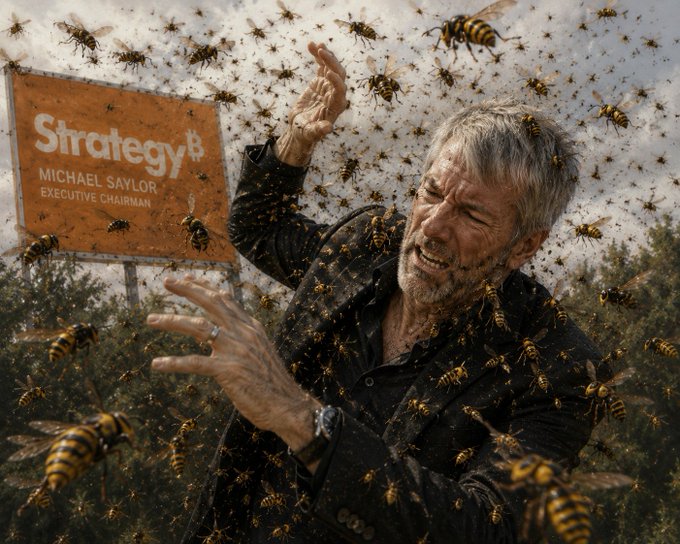 The image shows a distressed man swatting at a massive swarm of bees, with a sign reading "Strategy - Michael Saylor, Executive Chairman" visible in the background. The "cyber hornets" reference alludes to Saylor unleashing a swarm of Bitcoin defenders, and the chaotic scene of hornets attacking someone captures the intensity and unstoppable nature of these defenders.