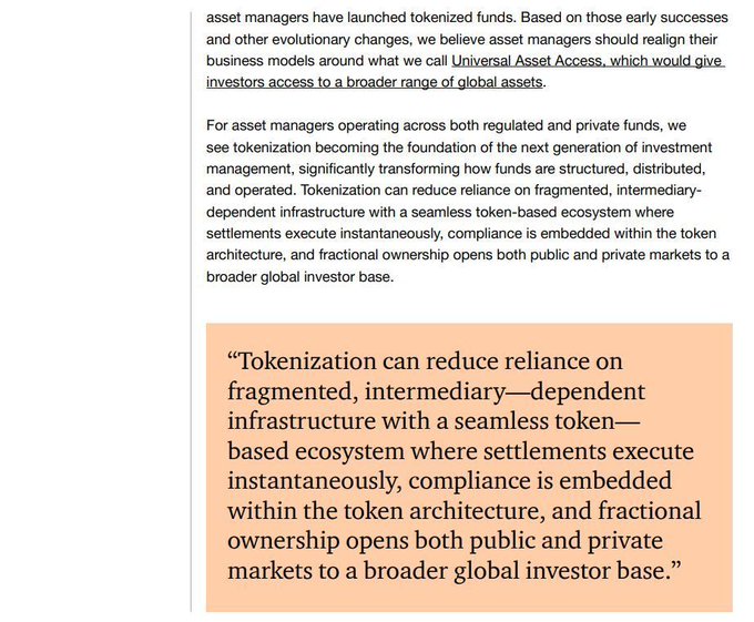 An article excerpt discussing Universal Asset Access, with a highlighted quote about tokenization reducing reliance on fragmented, intermediary-dependent infrastructure in asset management.