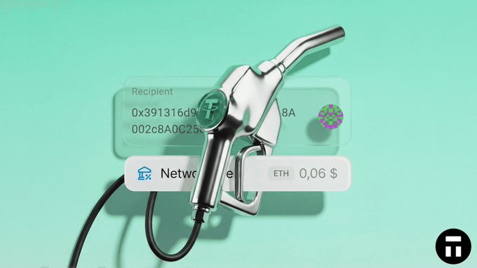 A chrome gas pump nozzle against a mint-green background is paired with a crypto wallet interface showing a Tether (₮) recipient address, a "Network" fee selector, and "ETH 0,06 $," visually translating the idea of "crypto but make it simple" by likening digital asset transactions to the familiar act of fueling a car.