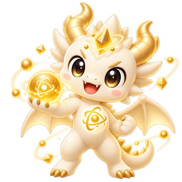 Cute golden cartoon dragon mascot with large brown eyes, holding a glowing atom-like energy ball, featuring a diamond-shaped gem on its forehead and small wings against a white background.