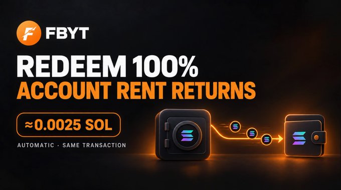 A promotional graphic for FBYT advertising 'REDEEM 100% ACCOUNT RENT RETURNS' at approximately 0.0025 SOL, featuring cryptocurrency wallet and Solana logo imagery.