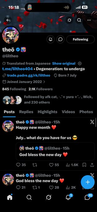 Twitter/X profile page for user 'theo' (@litheo) with 2.1K followers, showing a translated Japanese bio referencing 'trade.padre.gg/lit/litheo' with recent posts wishing 'Happy new month' and 'God bless the new day'.