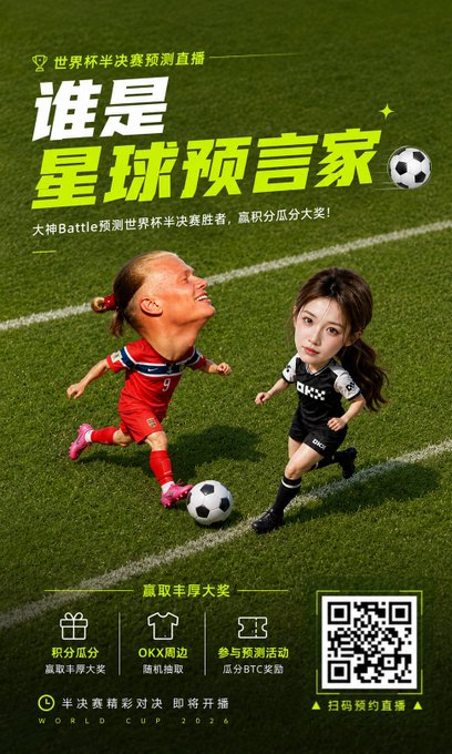 This Chinese promotional poster for the "World Cup Semifinal Prediction Live Stream" features two figures with oversized heads competing for a soccer ball on a field, with text declaring "谁是星球预言家" (Who is the Planet Prophet) and offering rewards like "100k周边" and "BTC" prizes, connecting to the post's announcement about OKX's World Cup live stream prediction event with point-sharing incentives.