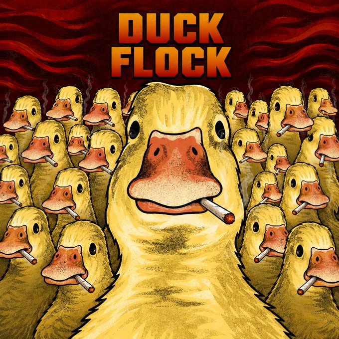 An illustration of a large group of yellow ducks smoking cigarettes under the title 'DUCK FLOCK' against a red, wavy background.