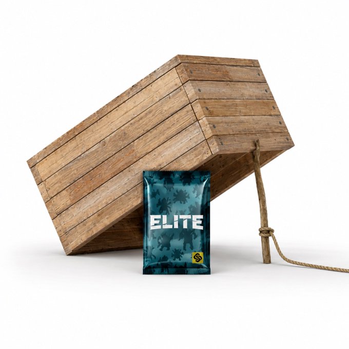 A product display featuring a camouflage-patterned 'ELITE' branded pouch leaning against a large wooden crate tied with rope.