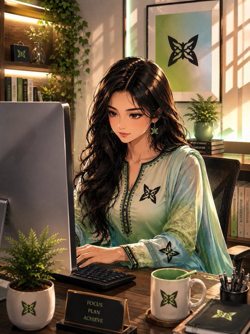 An anime-style illustration of a woman with long dark hair working at a computer, surrounded by items featuring a butterfly logo, with a desk sign reading 'FOCUS PLAN ACHIEVE'.