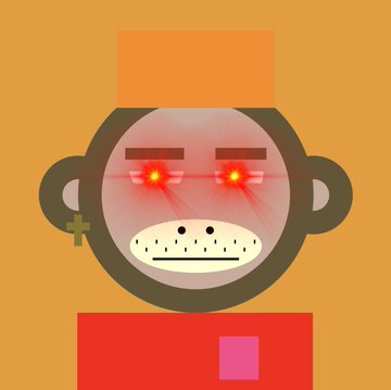 A simple cartoon illustration shows a bald character with glowing red eyes, stubble, and a cross earring, wearing a red shirt against an orange background.