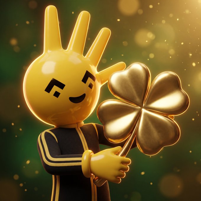 A 3D render of a yellow hand-shaped character with a smiling face holding a large golden four-leaf clover against a sparkling green and gold background.