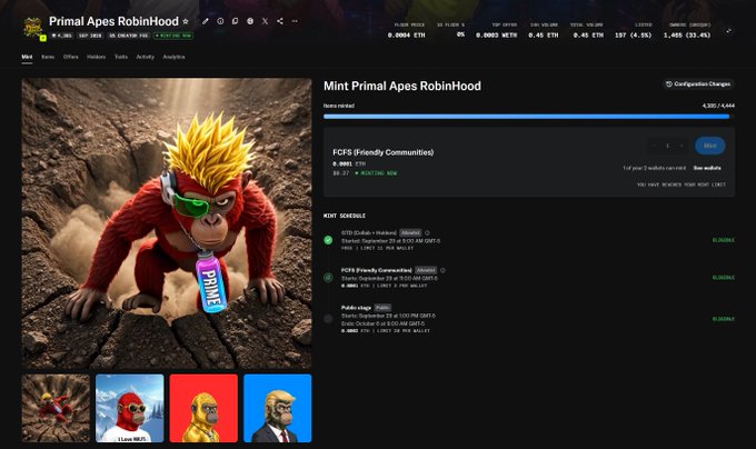 Screenshot of the "Primal Apes RobinHood" NFT minting page on OpenSea, showing a 3D ape character with blonde spiky hair and sunglasses, with a team wallet of 4,557/4,888 ETH and the FCFS mint scheduled for September 25 at 9:01 AM GMT-5.