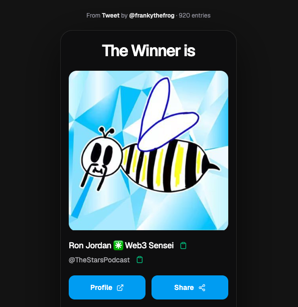 A screenshot of a tweet by @frankythefrog announcing a giveaway winner, featuring artwork of a bee and a yellow-and-black striped creature, with the winner identified as "Ron Jordan Web3 Sensei" (@TheStarsPodcast).