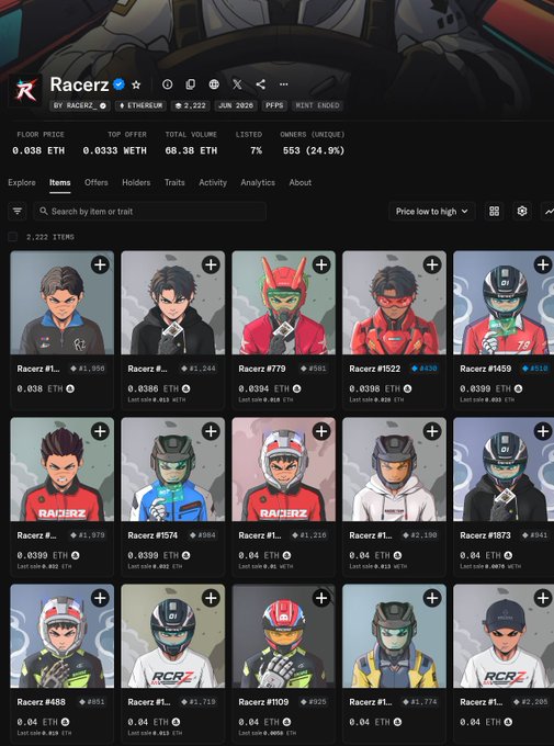 A screenshot of the Racerz NFT collection on OpenSea shows 2,222 items with a floor price of 0.038 ETH, last sold for 68.38 ETH, and a 7% listed rate, aligning with the post's bullish sentiment about the Racerz_eth collection.