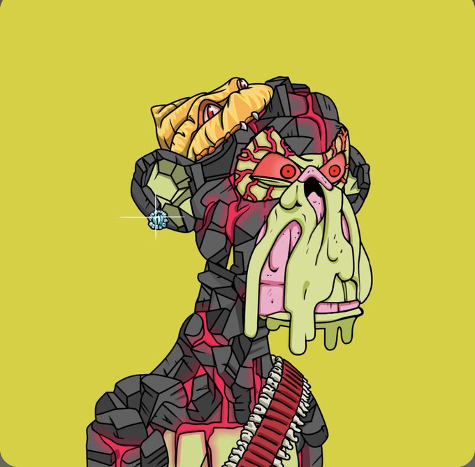 A digital illustration of a grotesque, monstrous character with a cracked stone-like body, red glowing eyes, melting yellow-green face, and a snake on its shoulder against a yellow background.