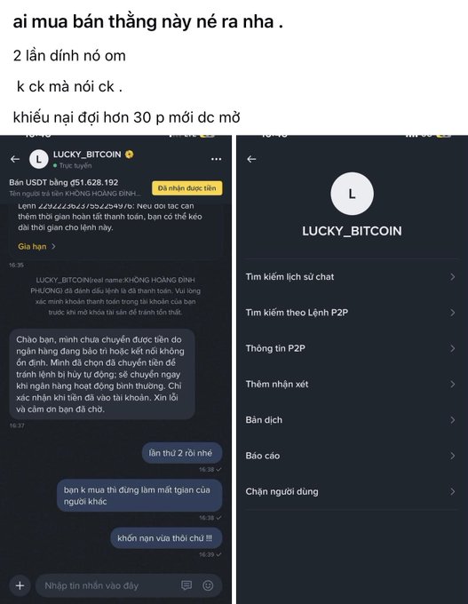 A Vietnamese-language complaint post includes two screenshots of a chat with "LUCKY_BITCOIN" regarding a USDT purchase dispute, with the user demanding compensation for losses.