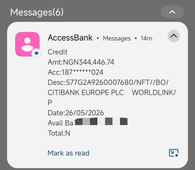 The image shows a message from an Access Bank app that was sent by a person named "Elon". The message is titled "AccessBank Messages" and it appears to be sharing some information about a credit application or transaction for someone named Elon. There's also a small photo of someone on the message, which adds more context to who is receiving the message. The user might have made use of an app like WhatsApp to share this information with them. The post includes the words "mark as read" and "Elon", indicating that the person who sent the message wants it to be marked as seen by the recipient(s).