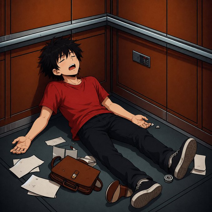 A digital illustration shows a young man in a red t-shirt and black pants lying on the floor of an elevator, surrounded by scattered papers and a brown messenger bag.