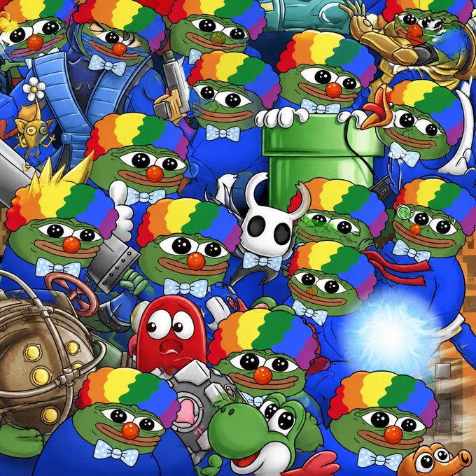 A crowded collage of cartoon clown characters with rainbow hair, red noses, and various costumes including one holding a weapon.