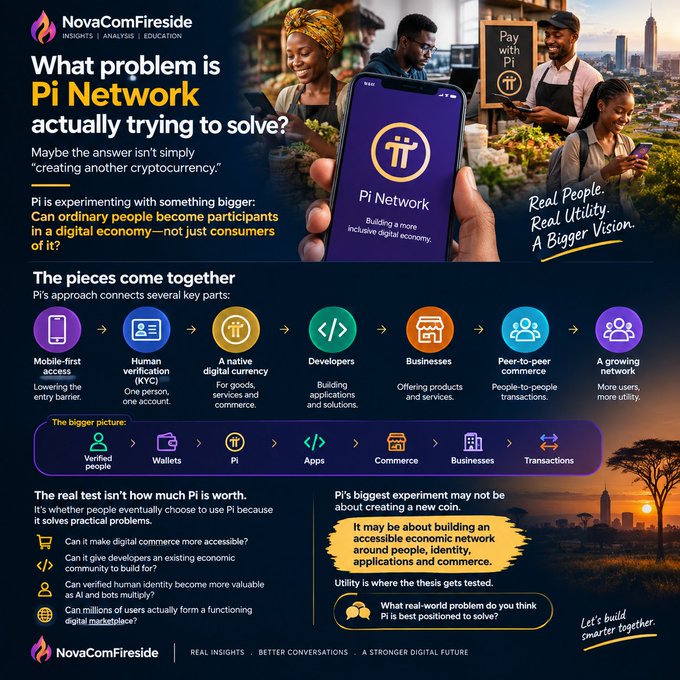 An infographic from NovaComFireside titled 'What problem is Pi Network actually trying to solve?', explaining how Pi connects mobile access, KYC, digital currency, developers, businesses, and peer-to-peer transactions.