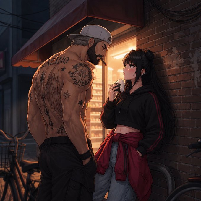 An anime-style illustration shows a muscular, shirtless man with tattoos and a backward cap smoking a cigar, standing close to a girl with dark hair in a black hoodie holding an onigiri, set against an urban street backdrop.