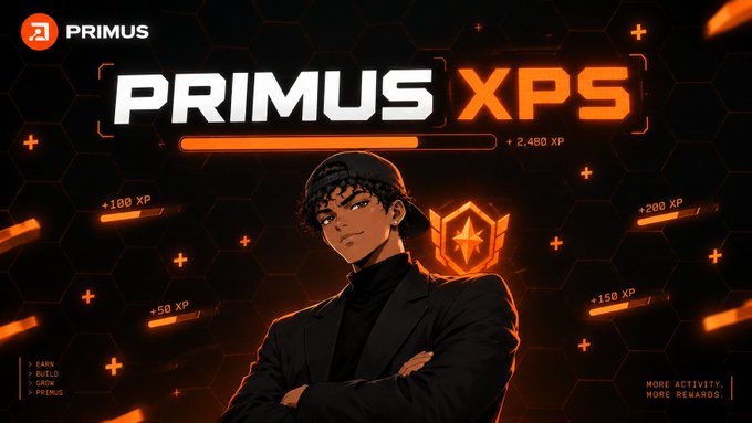 A promotional graphic with a dark honeycomb background displays 'PRIMUS XPS' in large text, showing a 3D animated character wearing a black jacket and cap next to an orange shield emblem, with XP point indicators like '+100 XP', '+50 XP', '+200 XP', and '+2,400 XP' floating around.