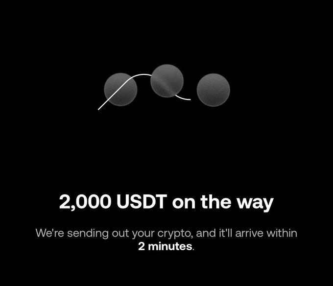 A dark minimalist loading screen displays three gradient spheres connected by a curved line, with text reading "2,000 USDT on the way" and "We're sending out your crypto, and it'll arrive within 2 minutes." The image illustrates the act of purchasing $2,000 worth of $CATE on a dip, visually representing the crypto transfer in progress to back the poster's claim of having "added on the dip" with "ultimate conviction."