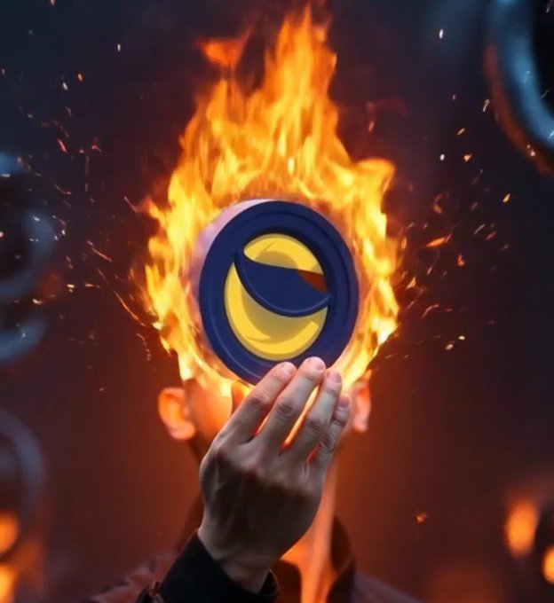 A hand holds up the blue and yellow Terra Luna Classic ($LUNC) coin engulfed in flames and sparks, symbolizing the upcoming token burn. The fiery imagery visually represents the destruction of tokens, aligning with the post's message about the next Binance $LUNC burn and the community's mission to reduce supply.