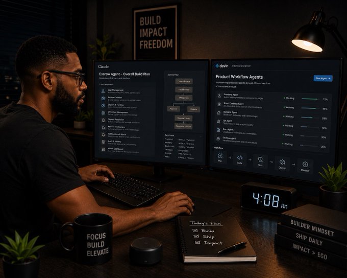 A man working at a computer desk with dual monitors displaying software dashboards; the setup includes a clock showing '4:08 AM', a 'FOCUS BUILD ELEVATE' mug, and a notebook with 'Today's Plan: Build, Ship, Impact'.