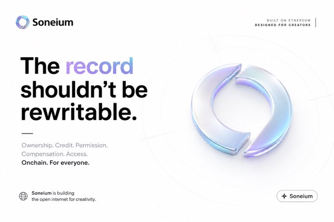 A promotional banner for Soneium featuring the tagline 'The record shouldn't be rewritable' alongside 'Ownership. Credit. Permission. Compensation. Access. Onchain. For everyone.' and a translucent circular logo on a white background.