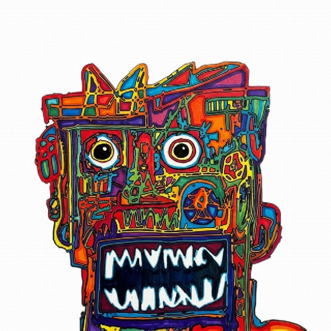 A vibrant, psychedelic digital illustration of a monstrous, robotic-looking face with glowing yellow eyes and a wide mouth full of sharp teeth, rendered in bright colors against a white background.