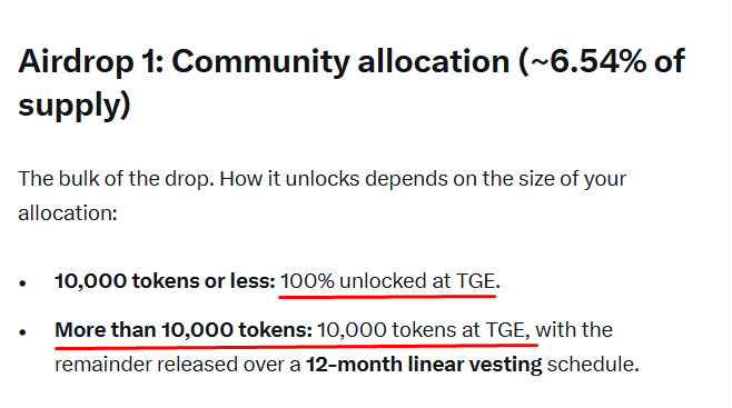 Text explaining 'Airdrop 1: Community allocation (~6.54% of supply)' with details that '10,000 tokens or less' are '100% unlocked at TGE', and amounts 'More than 10,000 tokens' unlock over a '12-month linear vesting schedule'.