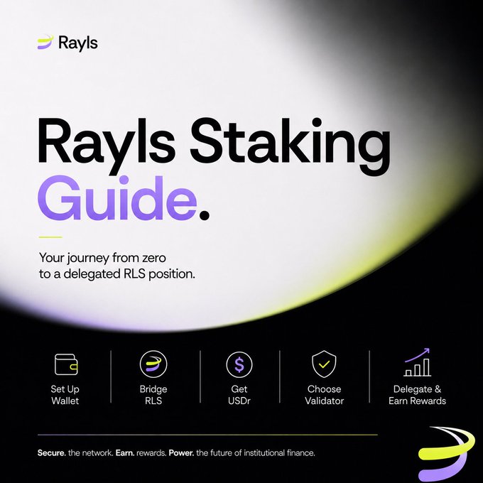 Marketing graphic for 'Rayls Staking Guide' with the tagline 'Your journey from zero to a delegated RLS position,' outlining 5 steps: Set Up Wallet, Bridge RLS, Get USDr, Choose Validator, and Delegate & Earn Rewards.