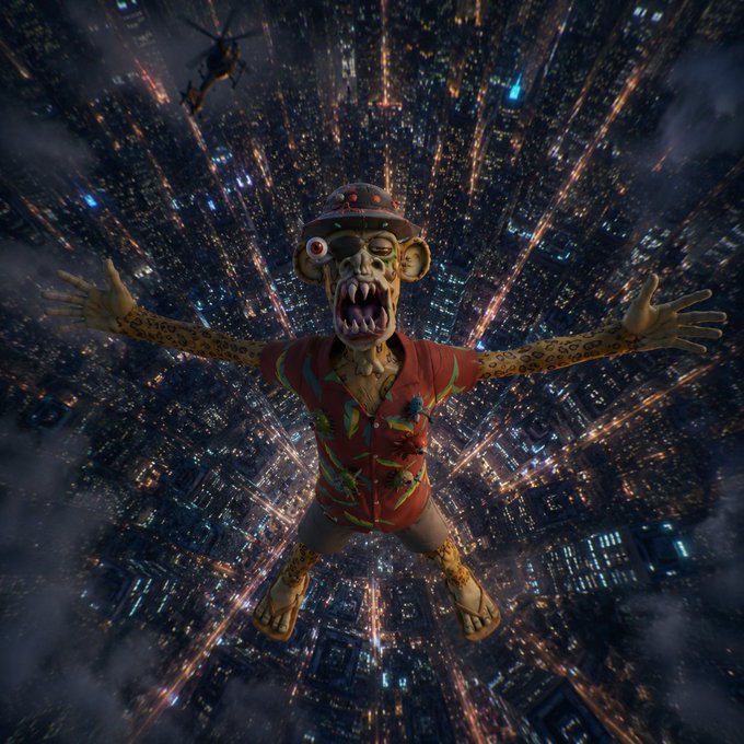 The image features a cartoon monkey with an open mouth, wearing a hat and shirt, flying through a city at night. The monkey appears to be in mid-flight, surrounded by tall buildings that create a sense of depth and perspective. The caption "mutant ape yacht club" suggests that the monkey might be associated with a yacht club or a similar establishment.