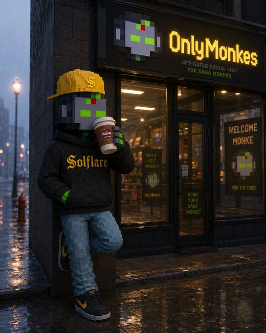 An AI-generated image depicts a pixel-art character with a green face wearing a yellow hard hat and a "Solflare" hoodie, holding coffee in front of a storefront labeled "OnlyMonkes."