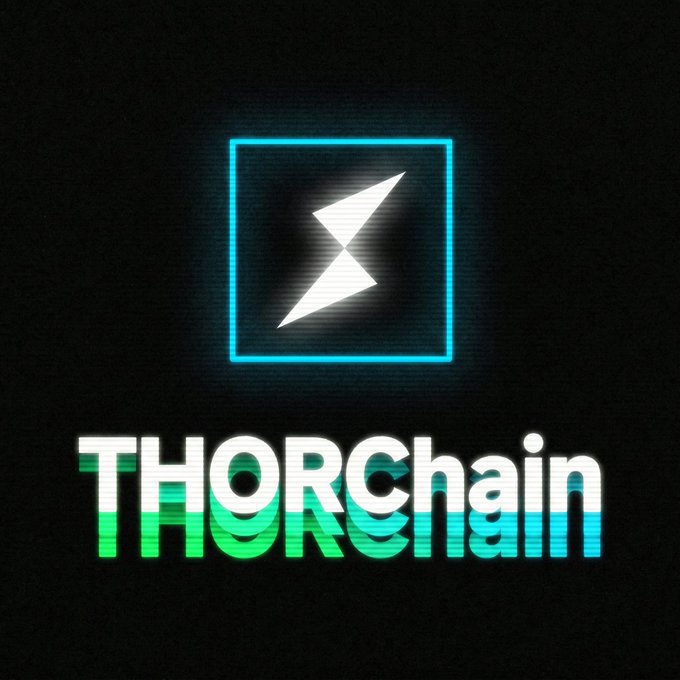 A glowing neon-style logo on a black background features a cyan-outlined square containing a white lightning bolt symbol, with the word "THORchain" displayed below in bold white and green gradient lettering.
