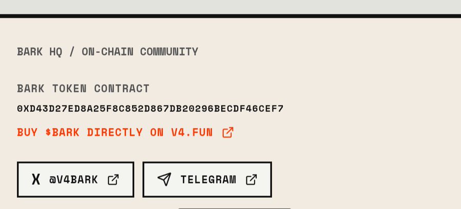A webpage screenshot showing 'BARK HQ / ON-CHAIN COMMUNITY' with a 'BARK TOKEN CONTRACT' address '0XD43D27ED8A25F8C852D867DB20296BECF46CEF7', and a 'BUY $BARK DIRECTLY ON V4.FUN' link, along with X (@V4BARK) and Telegram buttons.