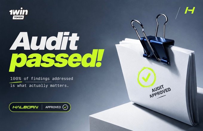 A promotional graphic from Halborn announcing an 'Audit passed!' for 1win TOKEN, showing 100% of findings addressed with an 'APPROVED' badge and an 'AUDIT APPROVED' stamp on a clipboard.