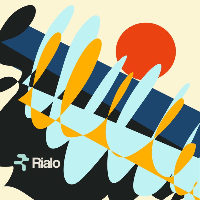 An abstract artistic graphic featuring the word 'flow' in light blue cursive script with a red circle, overlaid with yellow and dark blue shapes, branded with the Rialo logo at the bottom.