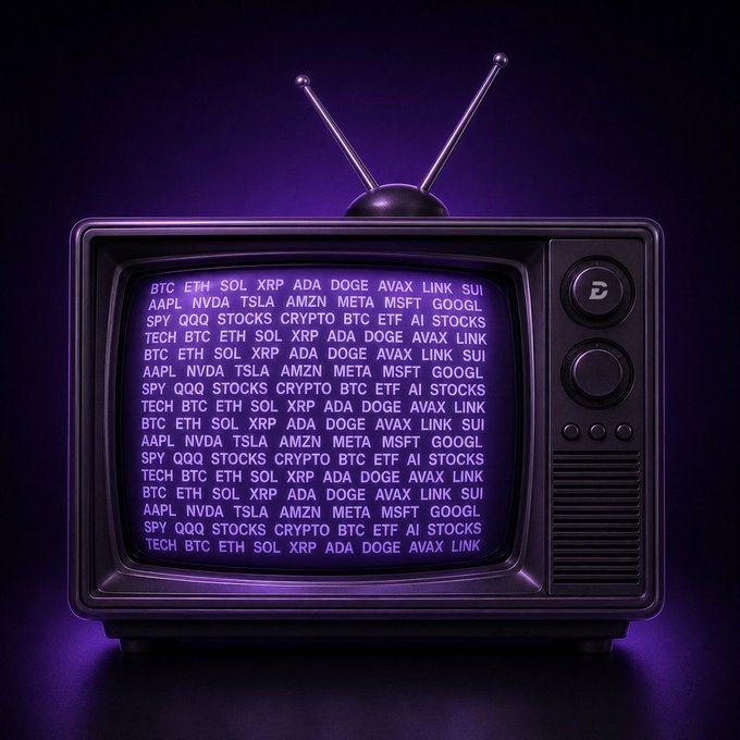 A vintage-style television set with rabbit ear antennas displays scrolling text of stock and crypto tickers including BTC, ETH, SOL, XRP, AAPL, and NVDA against a dark background.