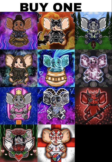 A promotional image labeled 'BUY ONE' at the top, displaying a 4x3 grid (with the bottom right blank) of stylized cartoon mice/rodents in various costumes and themes, including a football player, a samurai, a rhinestone mouse, a devil, and a Day of the Dead mouse.