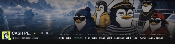 A crypto token profile banner for 'CASH PE' featuring cartoon penguins in an arctic scene, with stats showing a 1D floor change of +921.0% and a floor price of 0.19 USD.