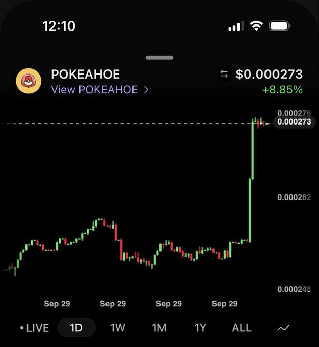 A mobile trading app screenshot showing the POKEAHOE memecoin's price chart up 8.85% at $0.000273.