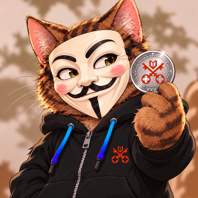 An anime-style anthropomorphic cat character wearing a Guy Fawkes mask and a black hoodie with blue drawstrings holds up a silver coin featuring a red logo.