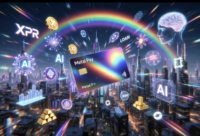 The image features a credit card with a rainbow-colored background, surrounded by various city symbols such as buildings, cars, and people. The credit card has a metallic sheen and is labeled "metal pay", indicating that it is designed for use in a digital world where AI can analyze spending habits and make financial decisions on the user's behalf.
