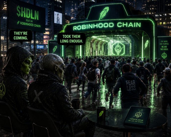 A crowd of figures gathers outside a glowing "ROBINHOOD CHAIN" headquarters at night, with billboards displaying "$HDLN BUILT ON ROBINHOOD CHAIN," "THEY'RE COMING," and "TOOK THEM LONG ENOUGH," while two hooded figures sit in the foreground near a laptop and mug bearing the "HOODLIENS WE ARE THE ORDER" logo, visually reinforcing the post's message about the $HDLN Hoodliens community as a rising force within the Robinhood ecosystem.