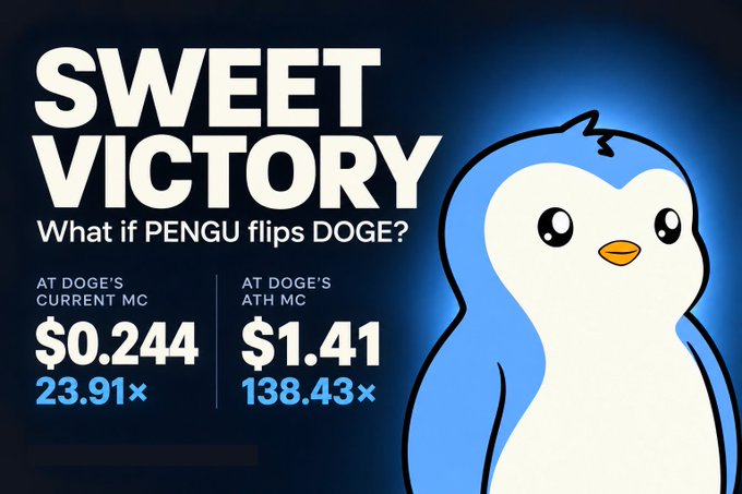 Crypto promotional graphic titled 'SWEET VICTORY - What if PENGU flips DOGE?' showing PENGU's current MC at $0.244 (23.91x) versus DOGE's ATH MC at $1.41 (138.43x), featuring the Pudgy Penguins penguin mascot.