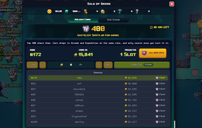 Screenshot of the 'SILO OF GRAINS' interface showing a 'Golden Corn' whitelist event with rank #172, 15,841 corn in, 1 slot projected, and a leaderboard of players like 'You', 'cat', and 'zhurekkk'.