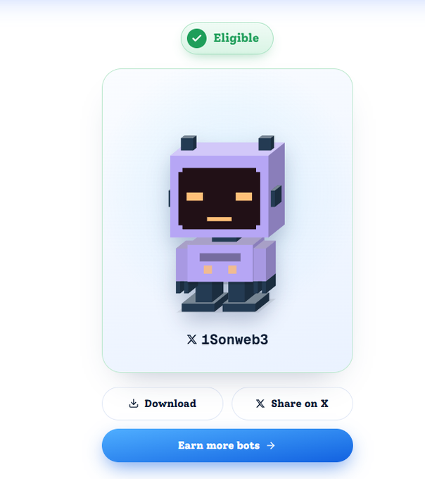 The image shows an "Eligible" badge above a pixelated purple robot NFT labeled "1Sonweb3," with options to download or share on X, suggesting a reward for online reputation activity referenced in the post about Sui projects and digital reputation.